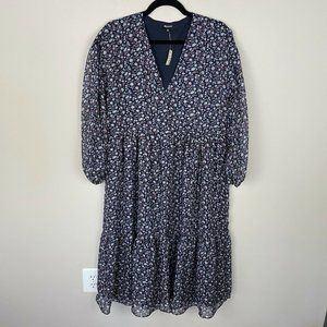 Madewell Tie Waist Midi Dress in Harvest Vine Navy Blue Floral Lined Size M